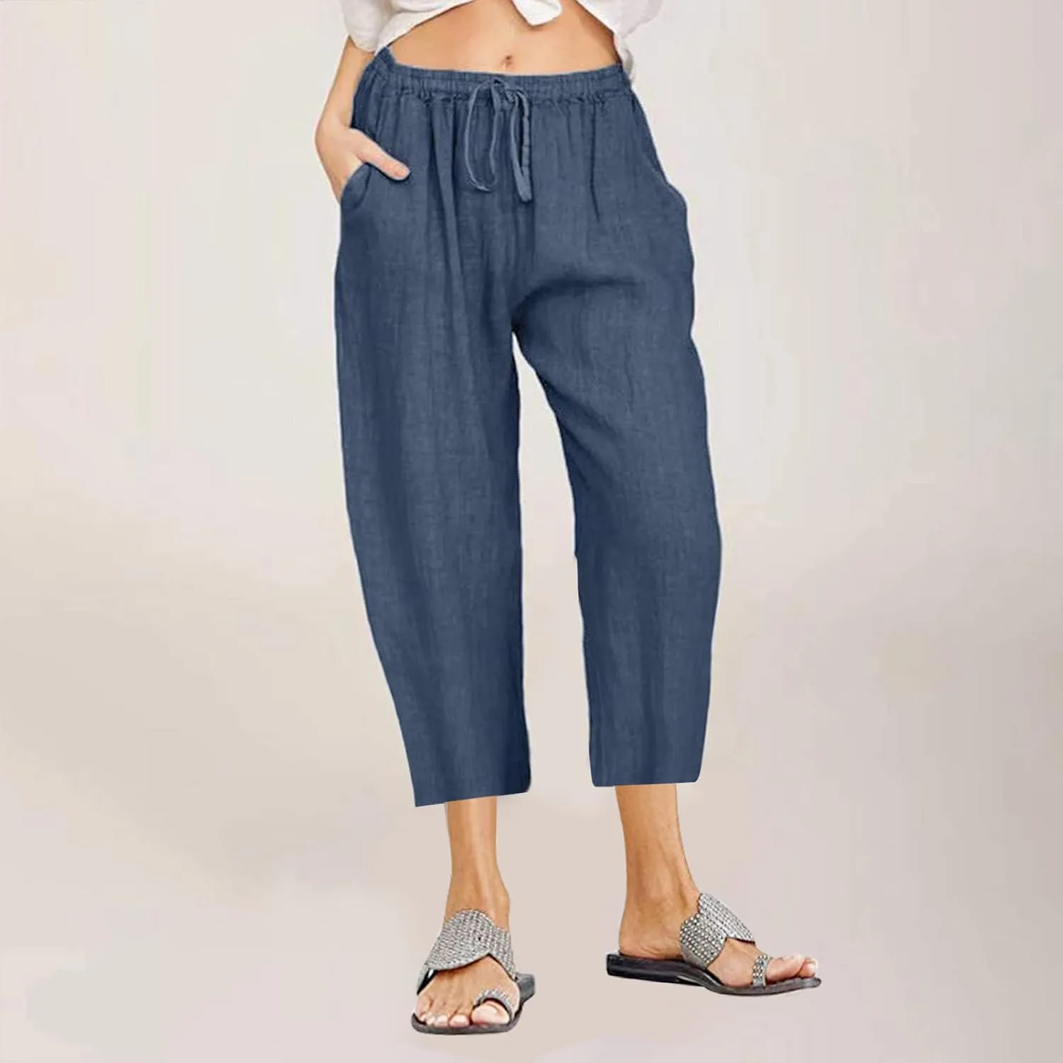Cotton Linen Pants for Women High Waisted Wide Leg Capris Summer Casual Elastic Drawstring Cropped Trouseres 2025