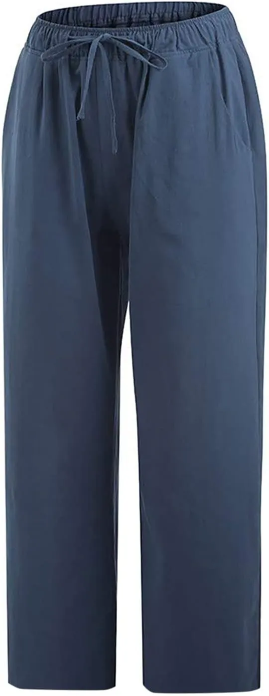 Cotton Linen Pants for Women High Waisted Wide Leg Capris Summer Casual Elastic Drawstring Cropped Trouseres 2025