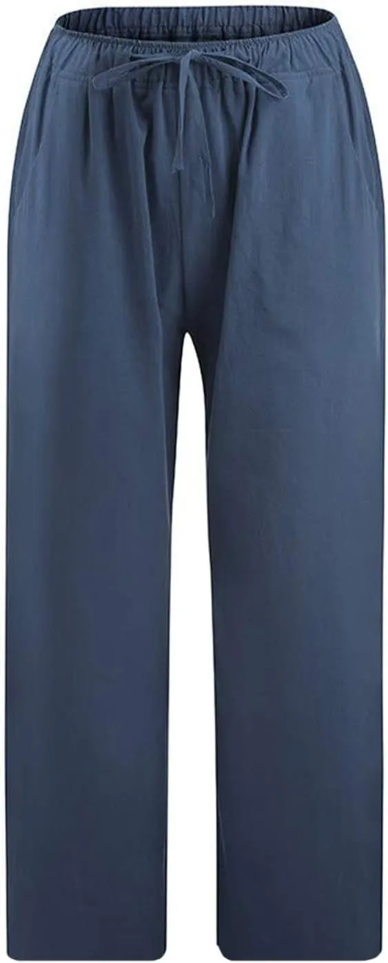Cotton Linen Pants for Women High Waisted Wide Leg Capris Summer Casual Elastic Drawstring Cropped Trouseres 2025