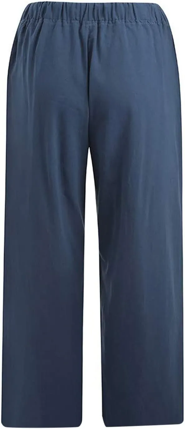 Cotton Linen Pants for Women High Waisted Wide Leg Capris Summer Casual Elastic Drawstring Cropped Trouseres 2025