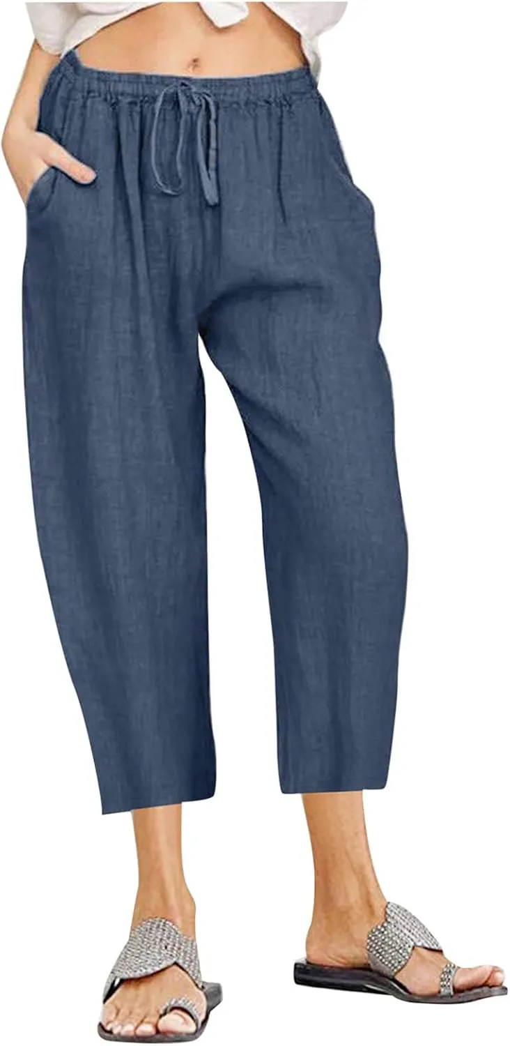 Cotton Linen Pants for Women High Waisted Wide Leg Capris Summer Casual Elastic Drawstring Cropped Trouseres 2025