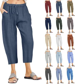 Cotton Linen Pants for Women High Waisted Wide Leg Capris Summer Casual Elastic Drawstring Cropped Trouseres 2025
