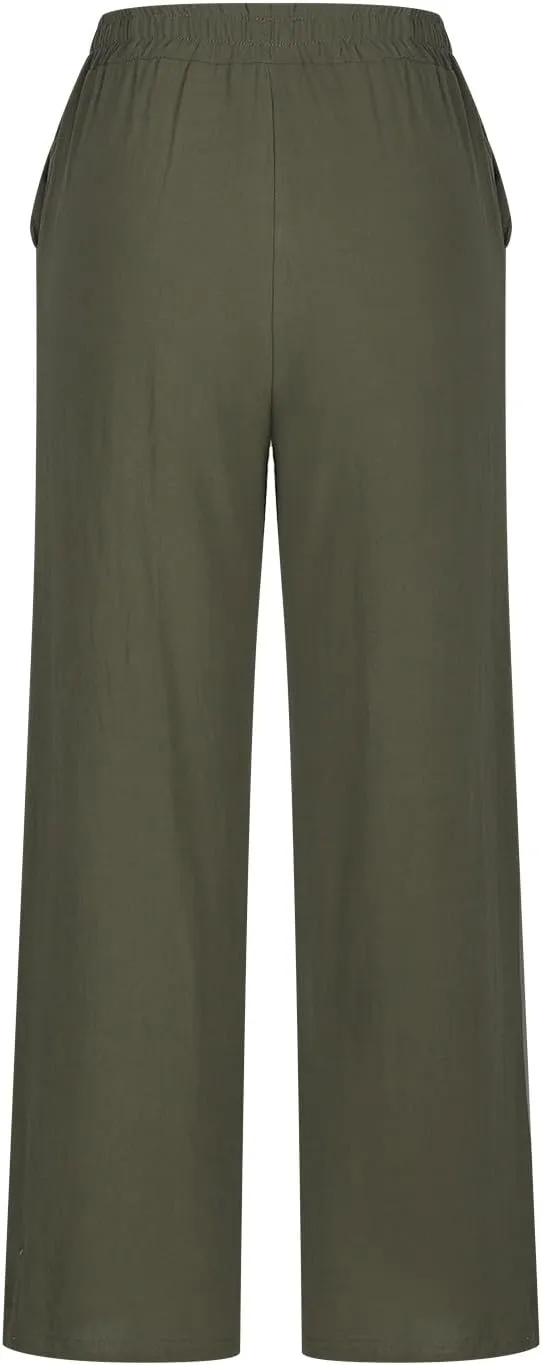 Cotton Linen Pants for Women Straight Wide Leg High Waist Trousers Pull-on Loose Casual Lounge Pants Solid Color 2025