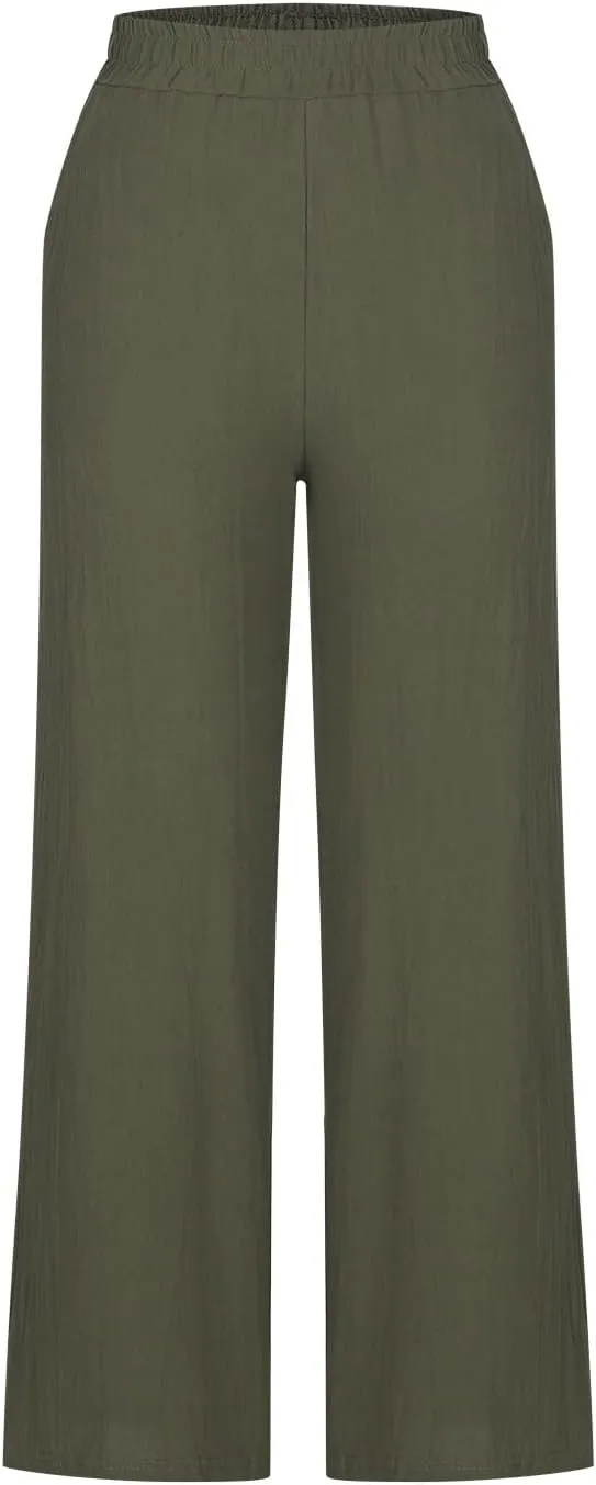 Cotton Linen Pants for Women Straight Wide Leg High Waist Trousers Pull-on Loose Casual Lounge Pants Solid Color 2025
