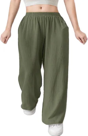 Cotton Linen Pants for Women Straight Wide Leg High Waist Trousers Pull-on Loose Casual Lounge Pants Solid Color 2025