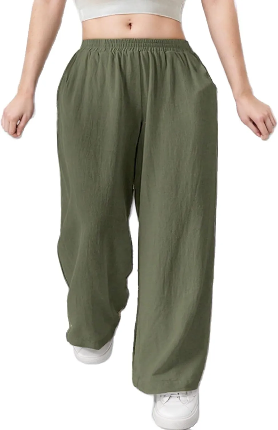 Cotton Linen Pants for Women Straight Wide Leg High Waist Trousers Pull-on Loose Casual Lounge Pants Solid Color 2025