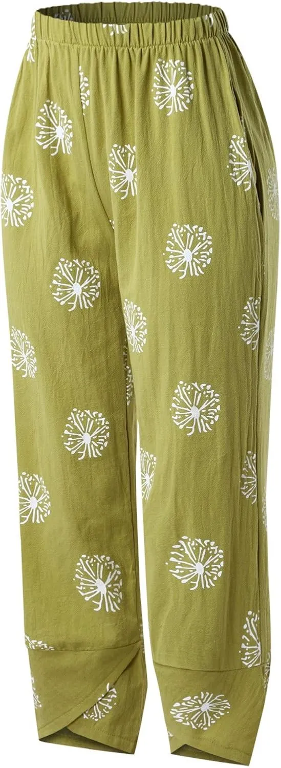 Cotton Linen Pants Women Casual Palazzo Trousers Baggy Wide Leg Pants Floral Print Summer Beach Vacation Pants with Pockets