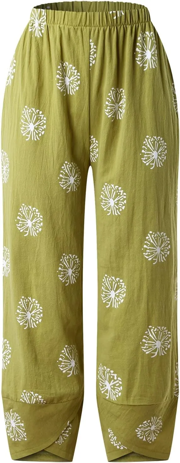 Cotton Linen Pants Women Casual Palazzo Trousers Baggy Wide Leg Pants Floral Print Summer Beach Vacation Pants with Pockets