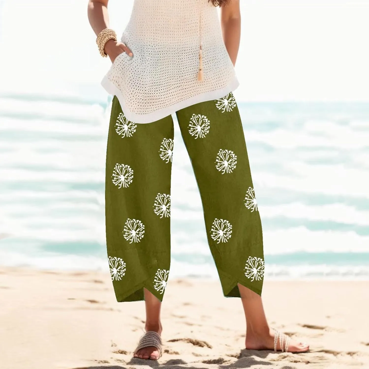 Cotton Linen Pants Women Casual Palazzo Trousers Baggy Wide Leg Pants Floral Print Summer Beach Vacation Pants with Pockets