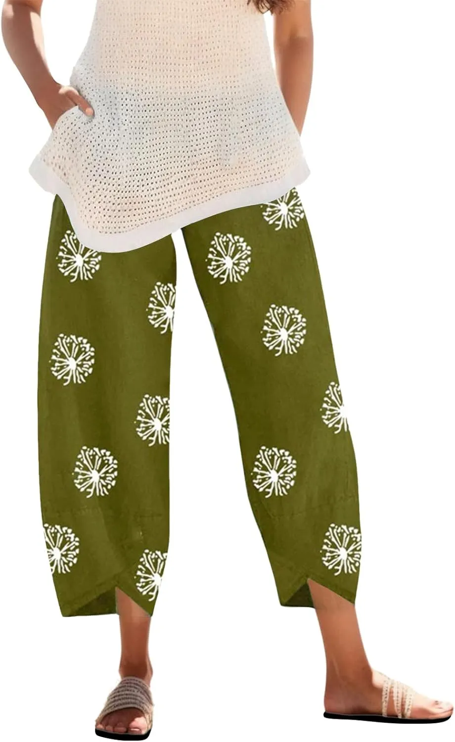 Cotton Linen Pants Women Casual Palazzo Trousers Baggy Wide Leg Pants Floral Print Summer Beach Vacation Pants with Pockets