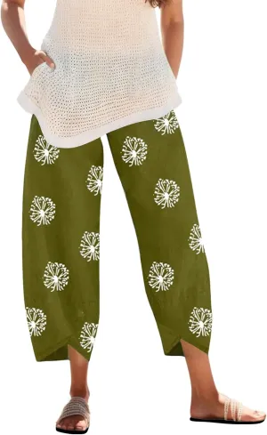 Cotton Linen Pants Women Casual Palazzo Trousers Baggy Wide Leg Pants Floral Print Summer Beach Vacation Pants with Pockets