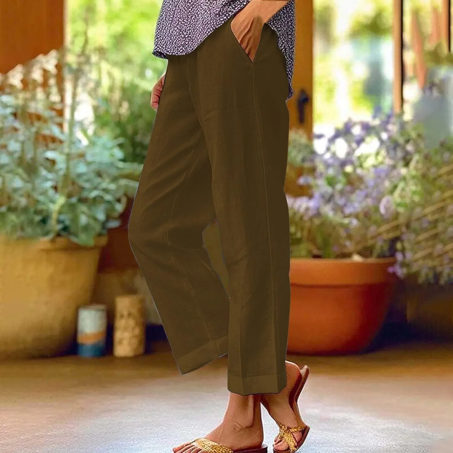 Cotton Linen Pants Women Elastic High Waist Straight Leg Lounge Pant Loose Casual Slacks Summer Trouser with Pockets