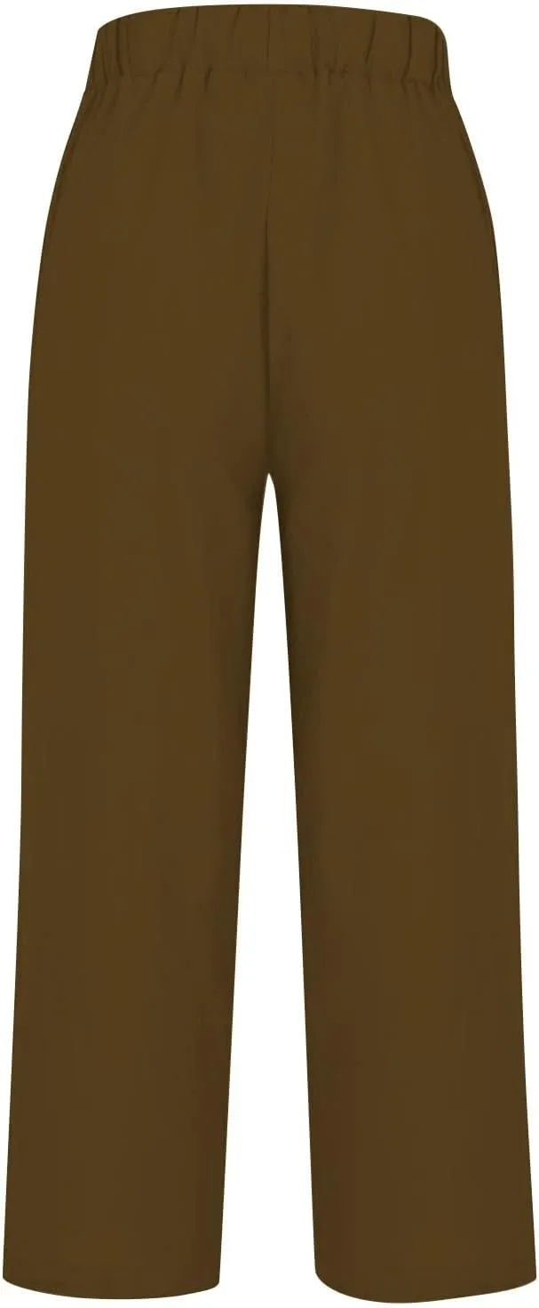 Cotton Linen Pants Women Elastic High Waist Straight Leg Lounge Pant Loose Casual Slacks Summer Trouser with Pockets