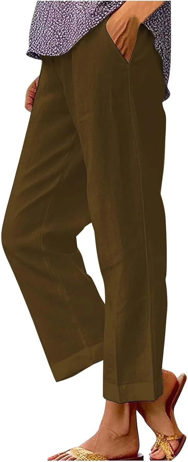 Cotton Linen Pants Women Elastic High Waist Straight Leg Lounge Pant Loose Casual Slacks Summer Trouser with Pockets