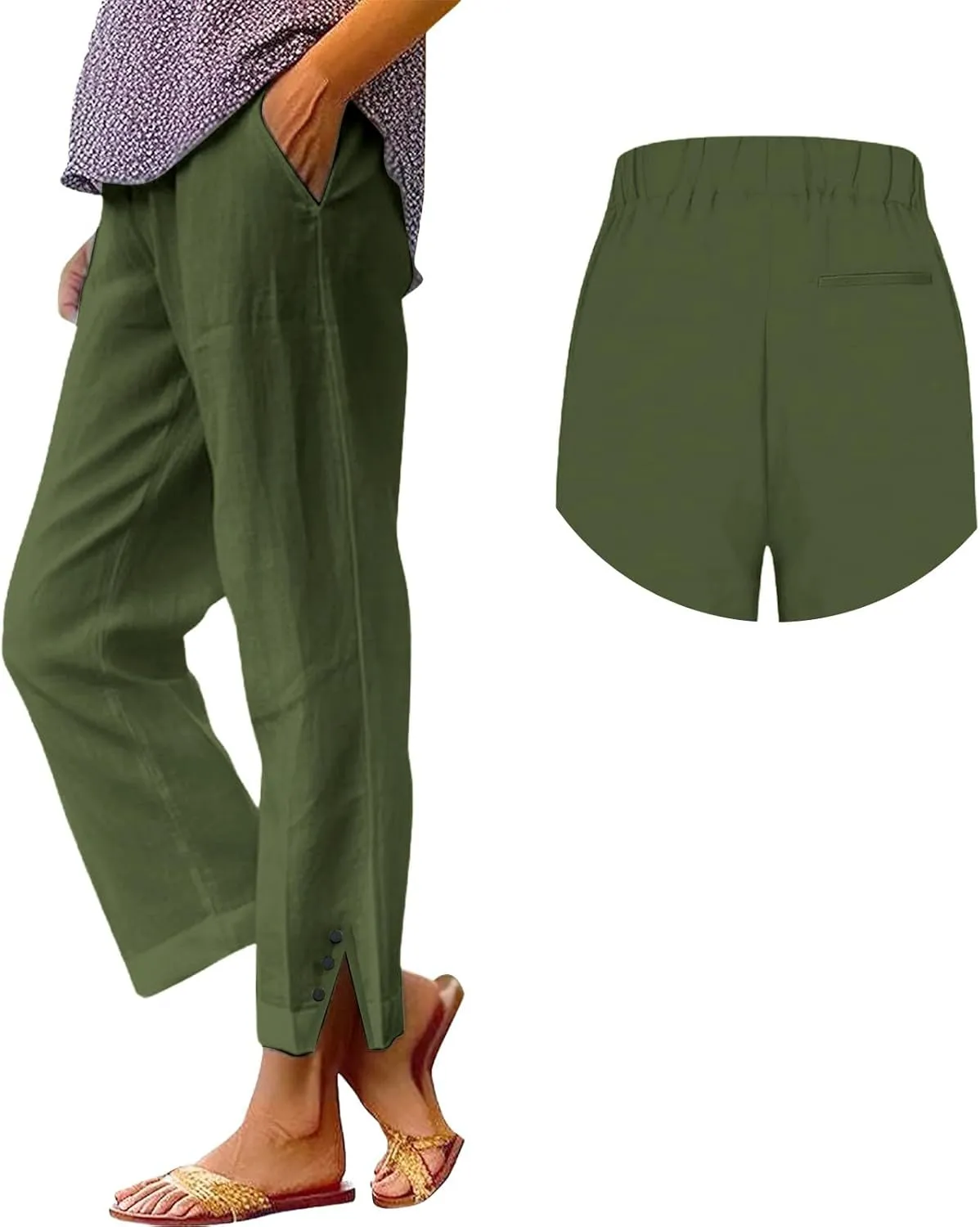 Cotton Linen Pants Women Elastic High Waist Straight Leg Lounge Pants Casual Slacks Summer Trouser with Pockets