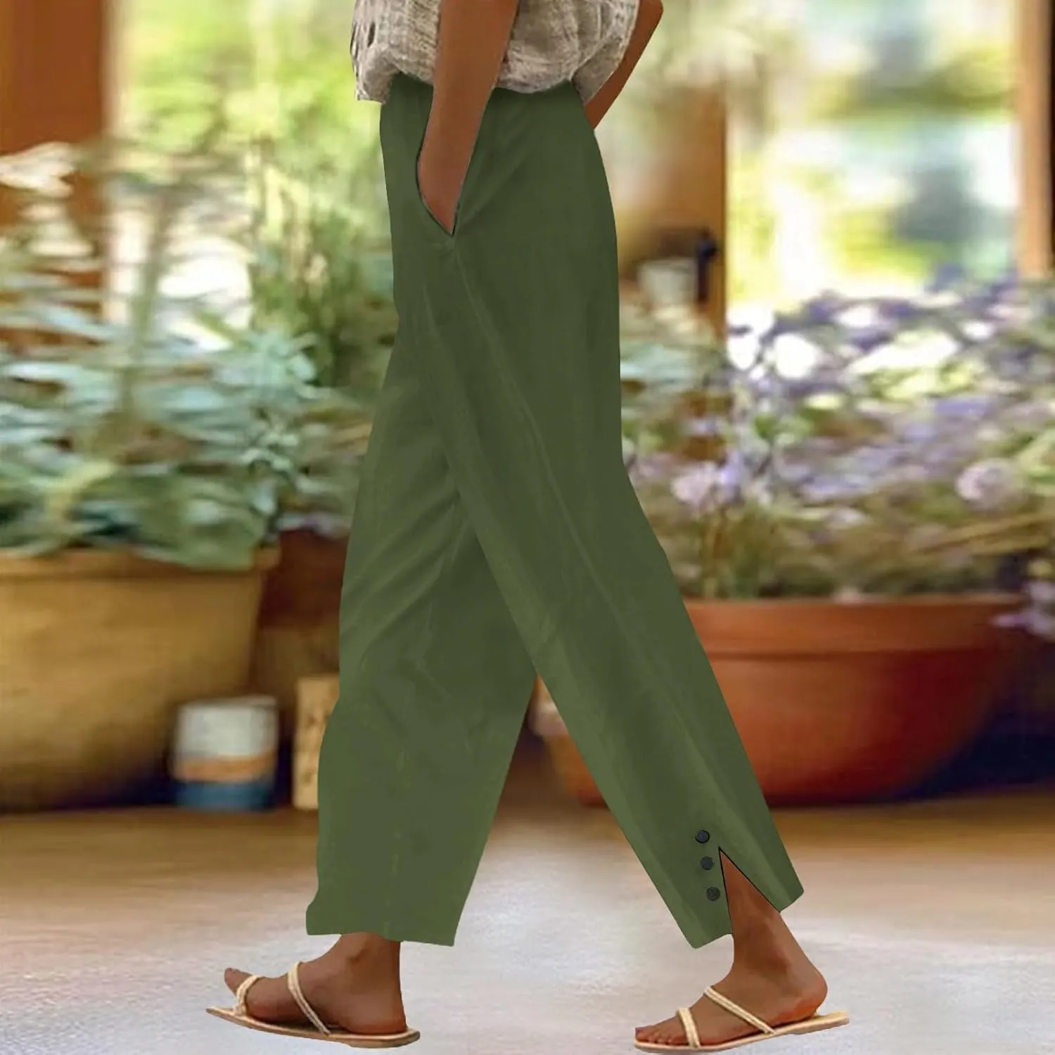 Cotton Linen Pants Women Elastic High Waist Straight Leg Lounge Pants Casual Slacks Summer Trouser with Pockets
