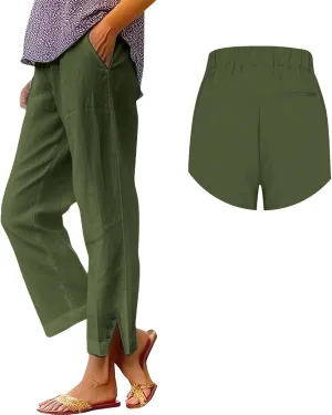 Cotton Linen Pants Women Elastic High Waist Straight Leg Lounge Pants Casual Slacks Summer Trouser with Pockets