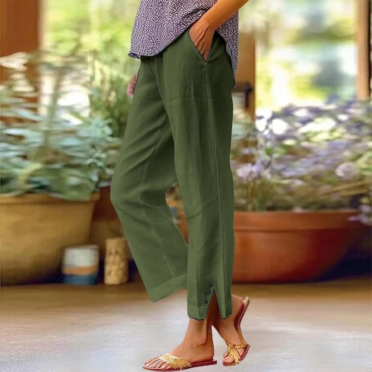 Cotton Linen Pants Women Elastic High Waist Straight Leg Lounge Pants Casual Slacks Summer Trouser with Pockets