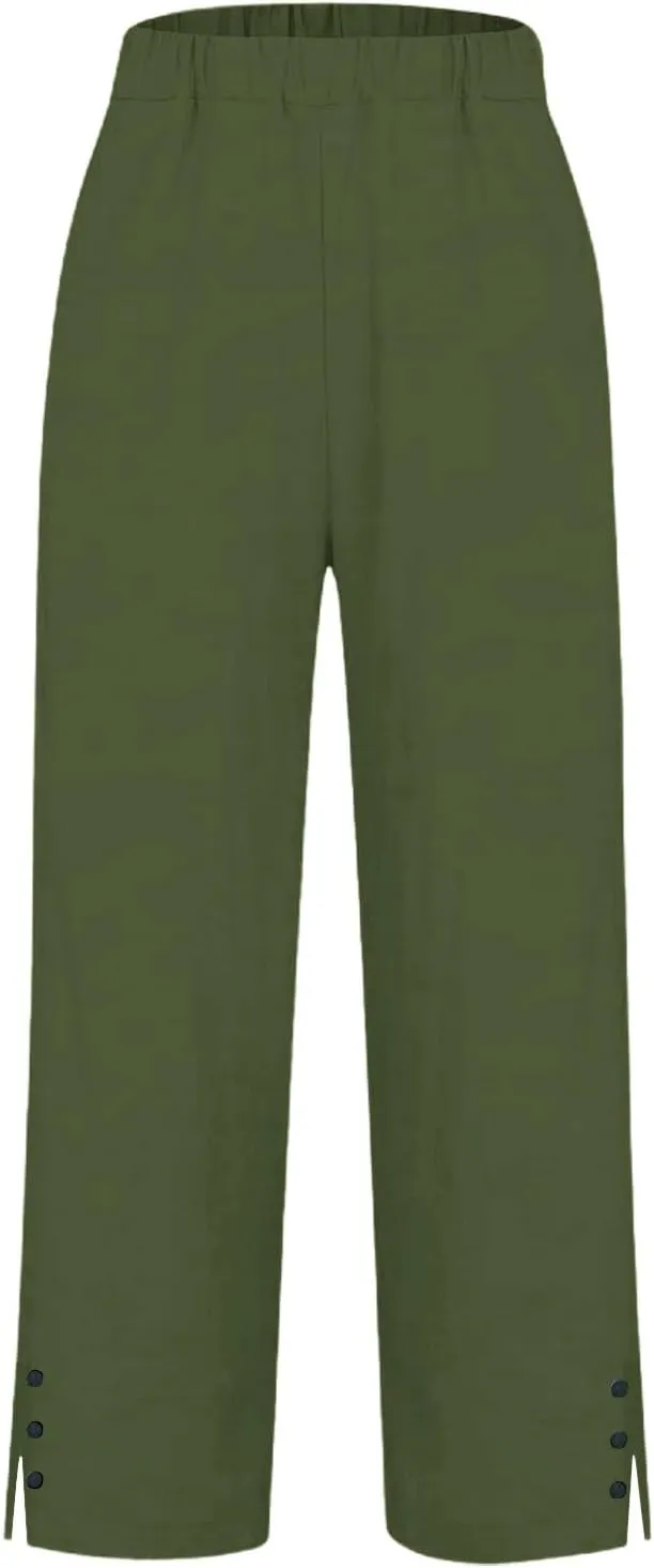 Cotton Linen Pants Women Elastic High Waist Straight Leg Lounge Pants Casual Slacks Summer Trouser with Pockets