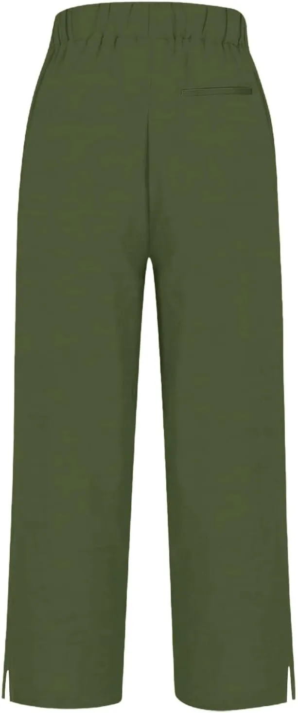 Cotton Linen Pants Women Elastic High Waist Straight Leg Lounge Pants Casual Slacks Summer Trouser with Pockets