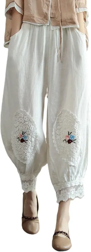 Cotton Linen Pants Women Trendy Boho Floral Embroidered Ruffle Hem Trousers Elastic High Waist Casual Pants Pockets