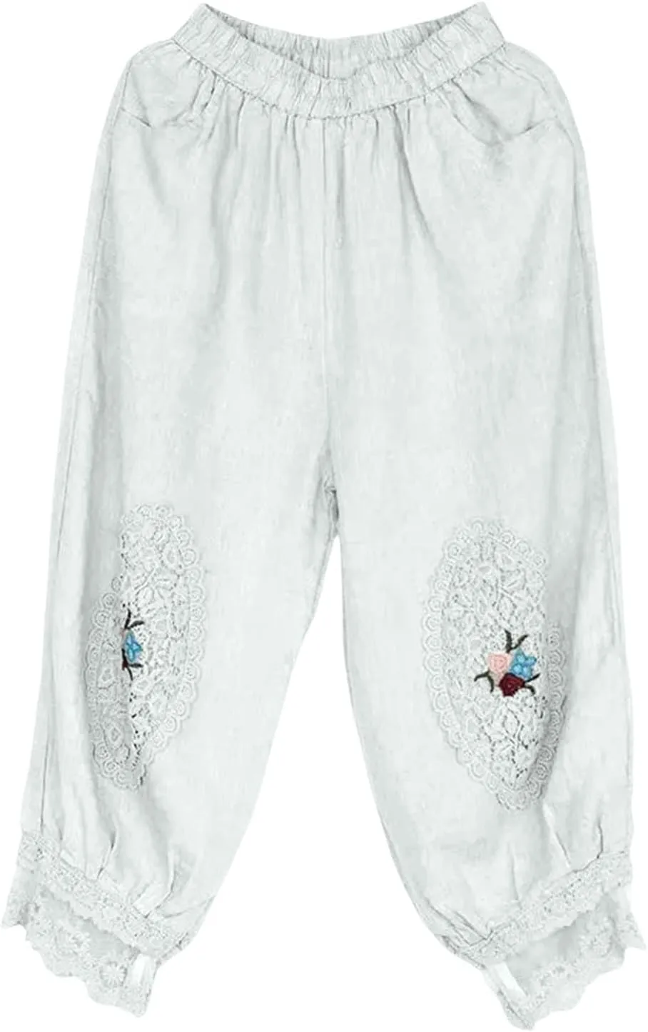 Cotton Linen Pants Women Trendy Boho Floral Embroidered Ruffle Hem Trousers Elastic High Waist Casual Pants Pockets