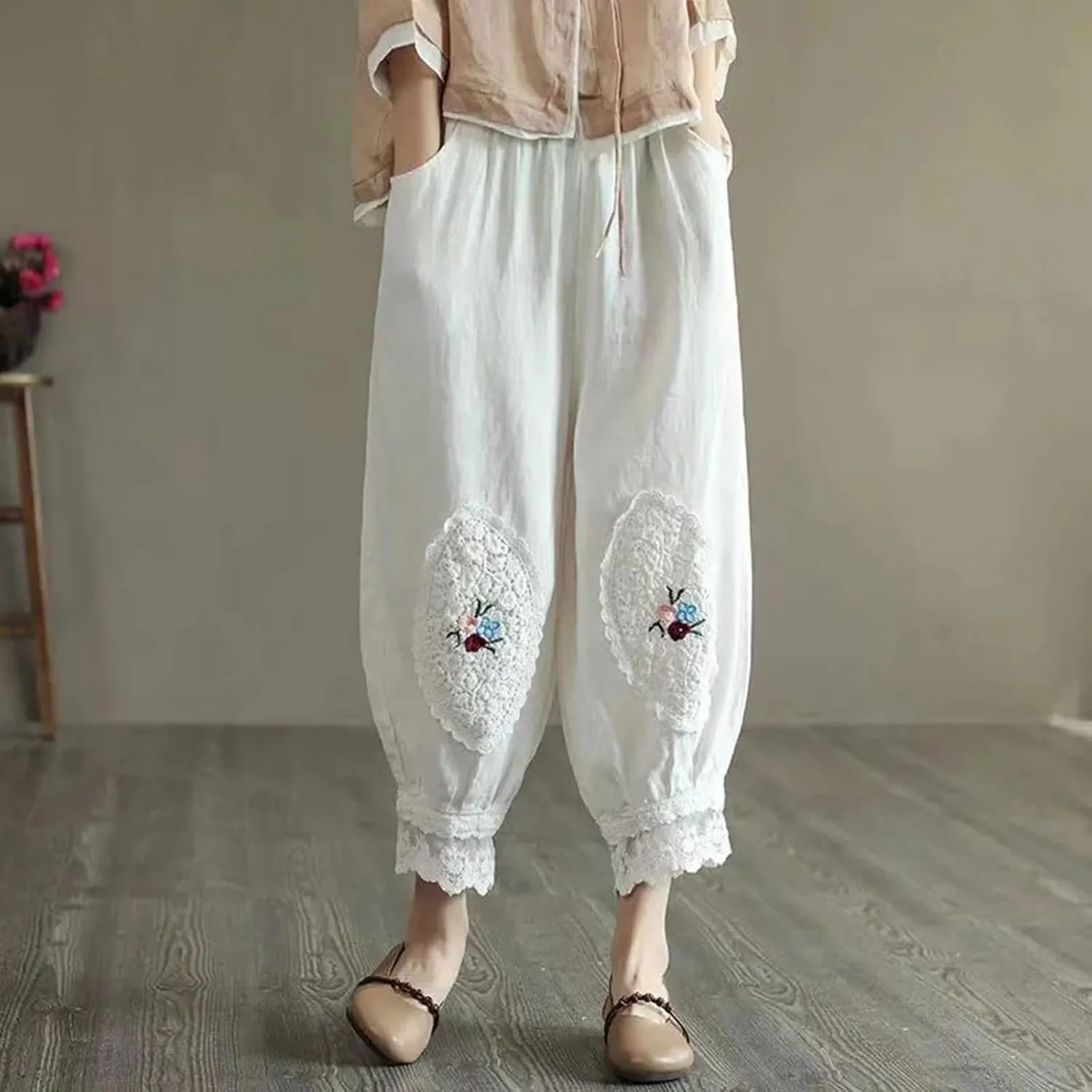 Cotton Linen Pants Women Trendy Boho Floral Embroidered Ruffle Hem Trousers Elastic High Waist Casual Pants Pockets