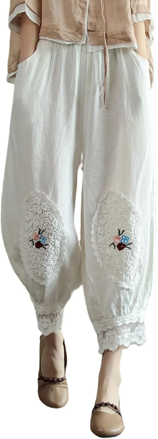 Cotton Linen Pants Women Trendy Boho Floral Embroidered Ruffle Hem Trousers Elastic High Waist Casual Pants Pockets