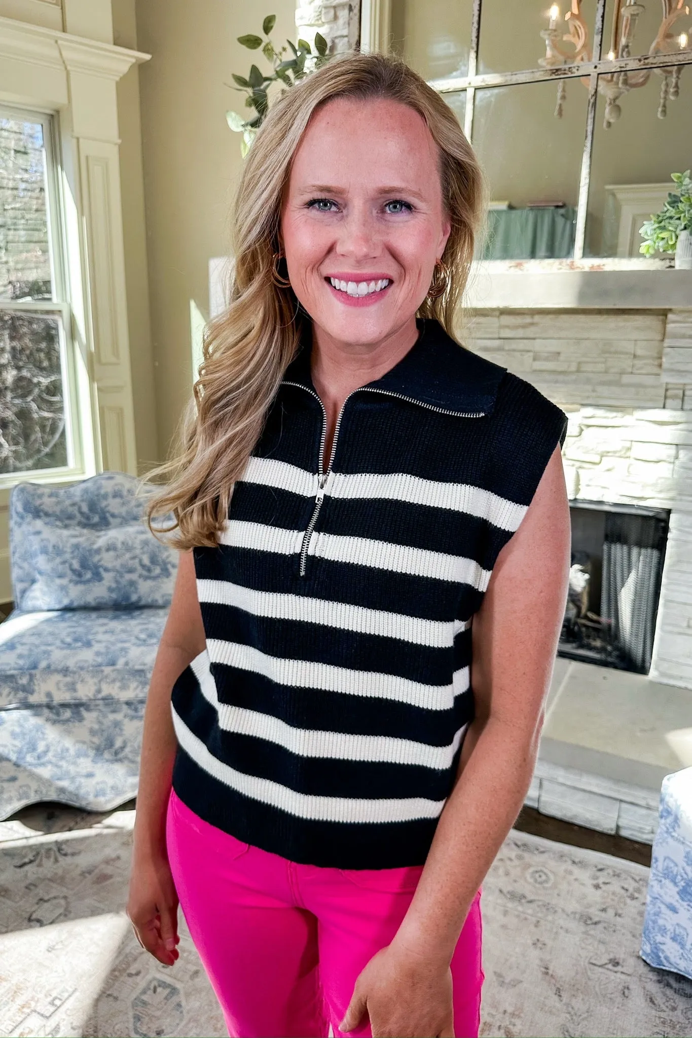 Cream Striped Half Zip Up Black Sweater Vest