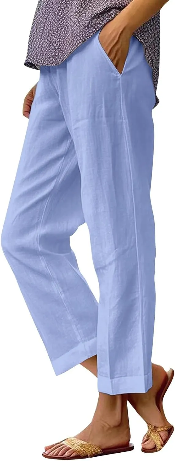 Cropped Linen Pants Women Casual High Waisted Plus Size Wide Leg Pants Loose Summer Beach Pant with Pockets