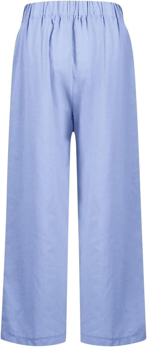 Cropped Linen Pants Women Casual High Waisted Plus Size Wide Leg Pants Loose Summer Beach Pant with Pockets