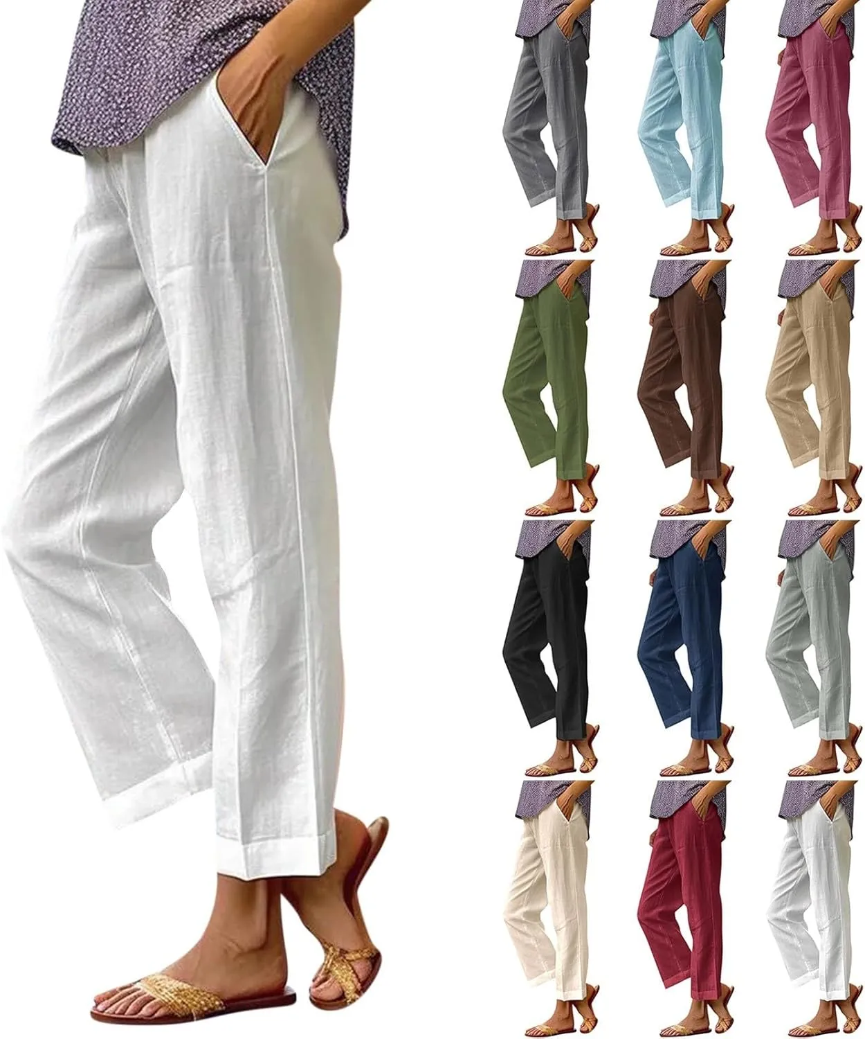 Cropped Linen Pants Women Casual High Waisted Plus Size Wide Leg Pants Loose Summer Beach Pant with Pockets