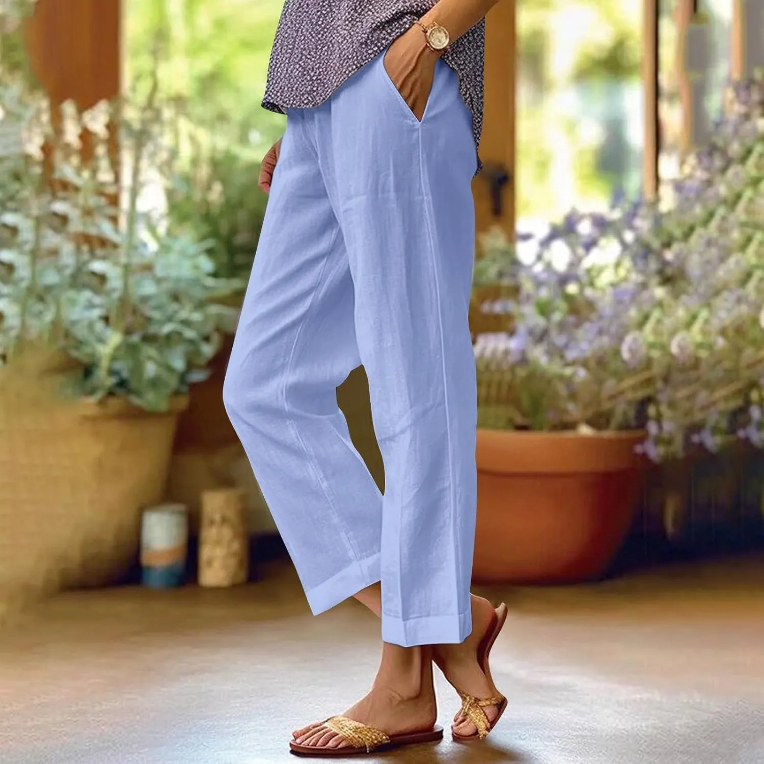 Cropped Linen Pants Women Casual High Waisted Plus Size Wide Leg Pants Loose Summer Beach Pant with Pockets