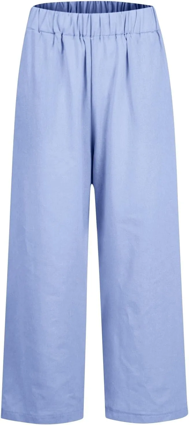 Cropped Linen Pants Women Casual High Waisted Plus Size Wide Leg Pants Loose Summer Beach Pant with Pockets