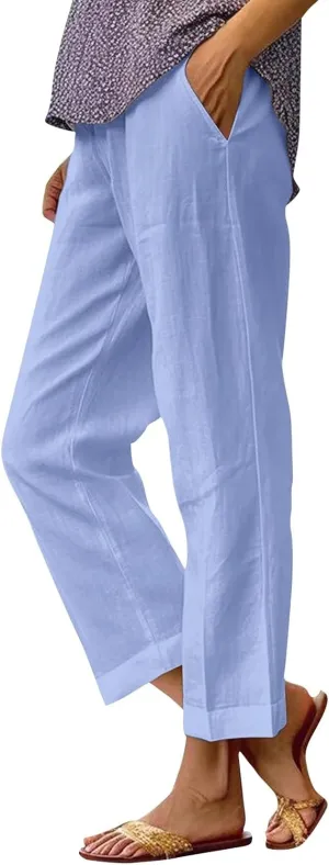 Cropped Linen Pants Women Casual High Waisted Plus Size Wide Leg Pants Loose Summer Beach Pant with Pockets