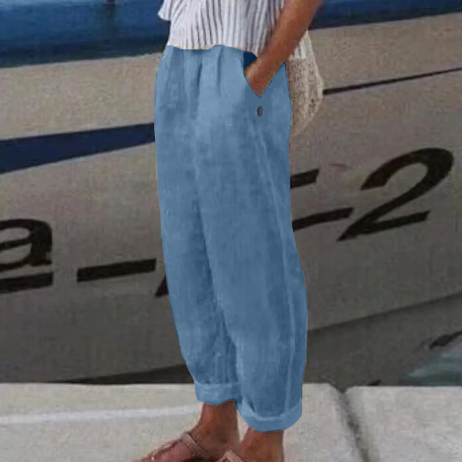 Cropped Linen Pants Women Casual Loose Elastic Waist Straight Leg Trousers Summer Beach Travel Vacation with Pockets