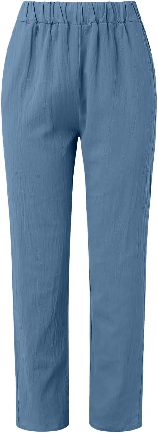 Cropped Linen Pants Women Casual Loose Elastic Waist Straight Leg Trousers Summer Beach Travel Vacation with Pockets