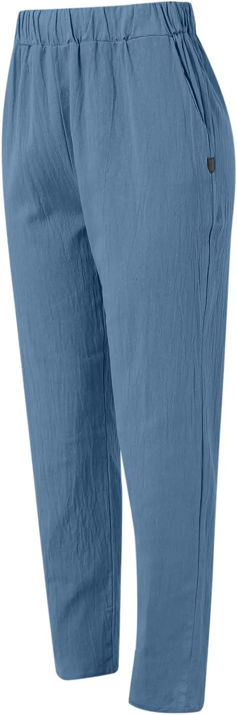 Cropped Linen Pants Women Casual Loose Elastic Waist Straight Leg Trousers Summer Beach Travel Vacation with Pockets