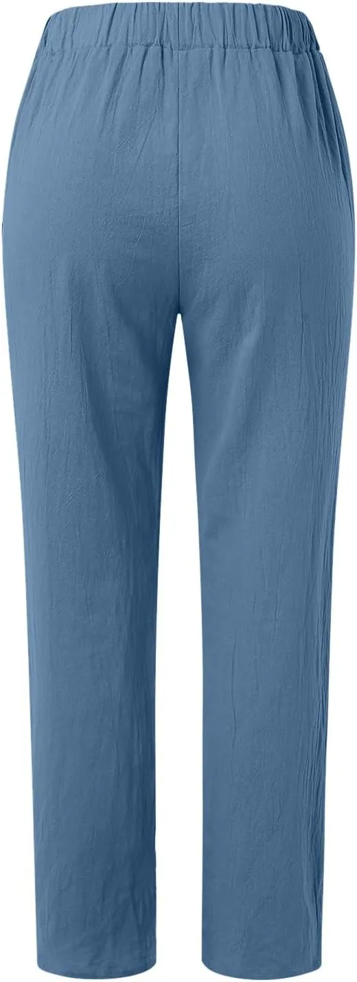 Cropped Linen Pants Women Casual Loose Elastic Waist Straight Leg Trousers Summer Beach Travel Vacation with Pockets