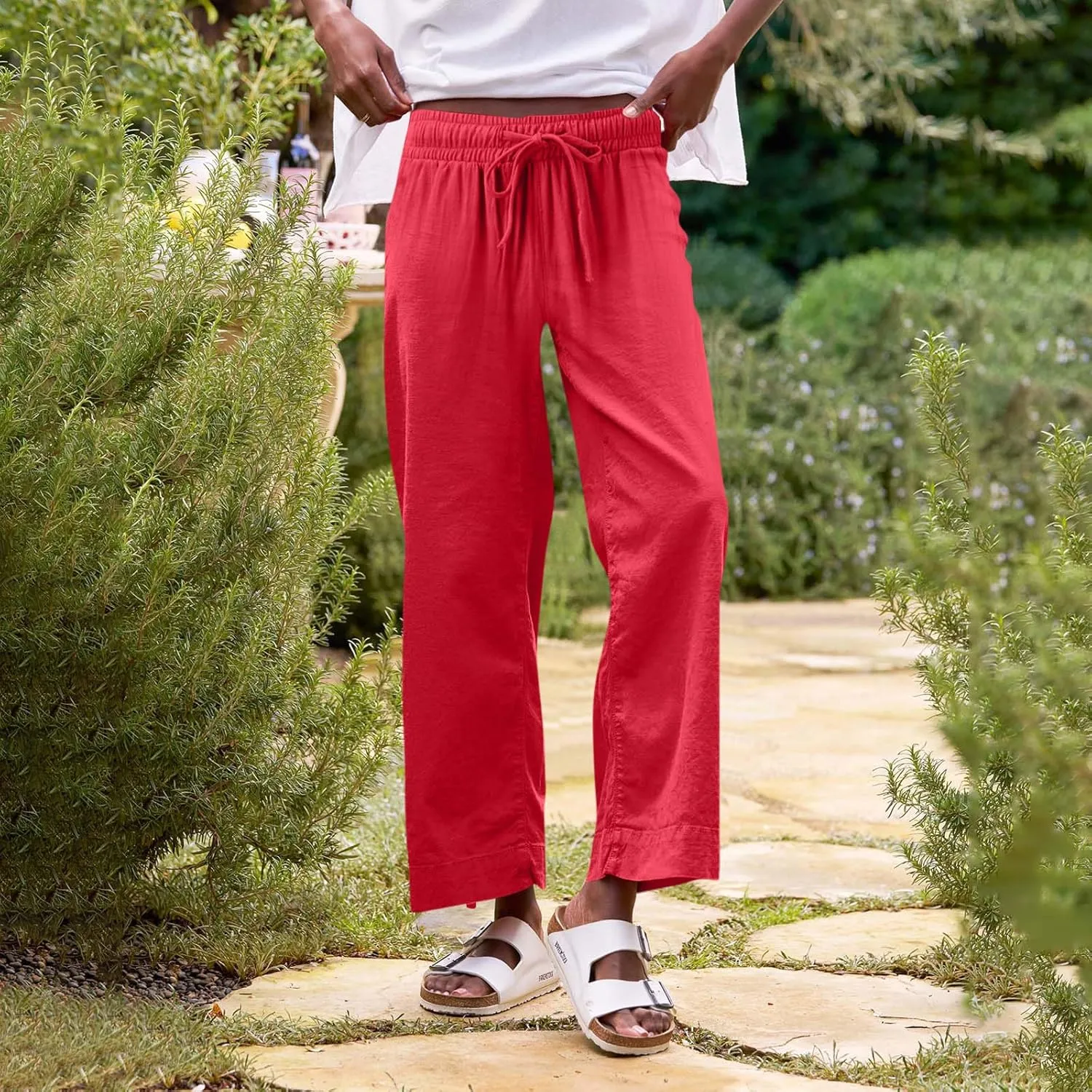 Cropped Linen Pants Women Summer Casual Drawstring Elastic High Waisted Business Casual Pants Wide Leg Work Tousers