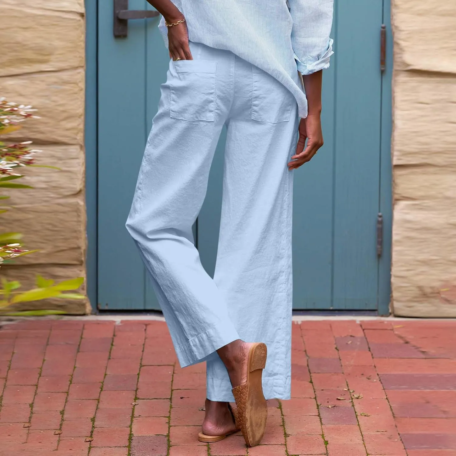 Cropped Linen Pants Women Summer Casual Drawstring Elastic High Waisted Business Casual Pants Wide Leg Work Tousers