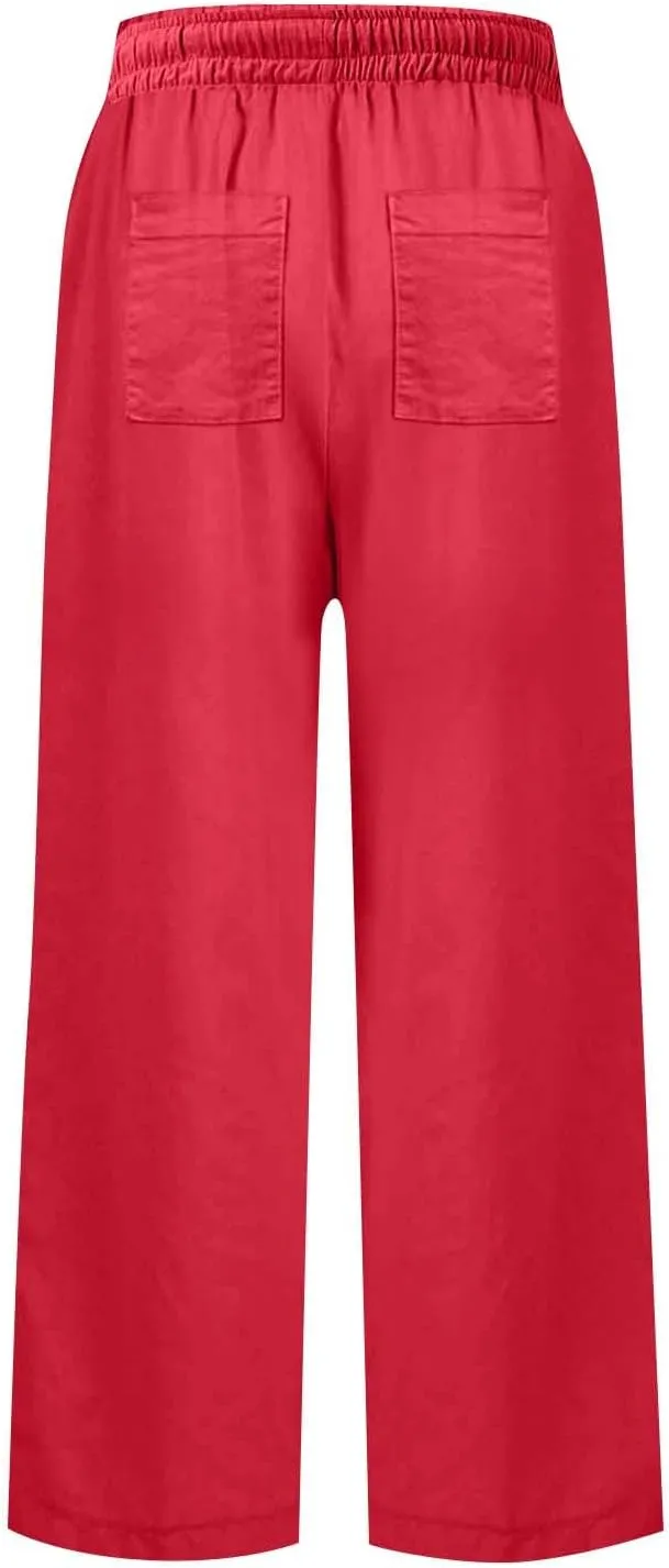 Cropped Linen Pants Women Summer Casual Drawstring Elastic High Waisted Business Casual Pants Wide Leg Work Tousers