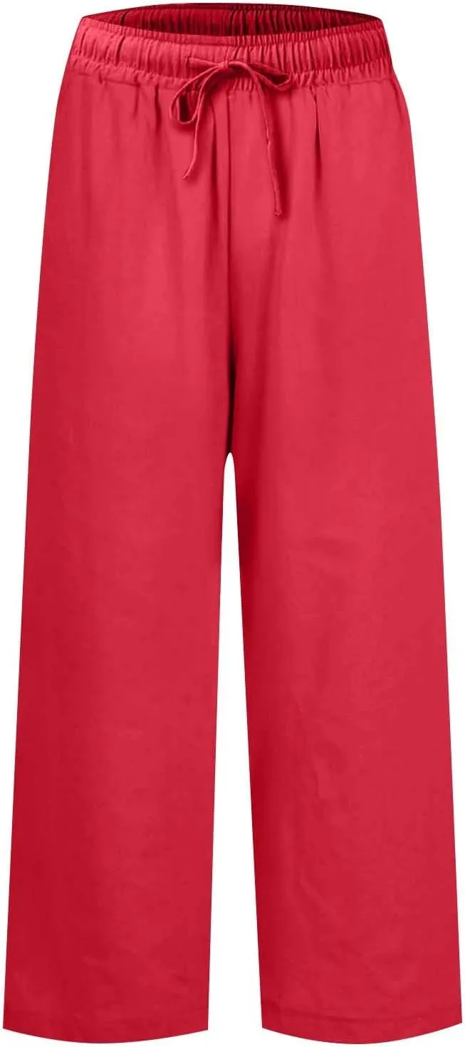 Cropped Linen Pants Women Summer Casual Drawstring Elastic High Waisted Business Casual Pants Wide Leg Work Tousers