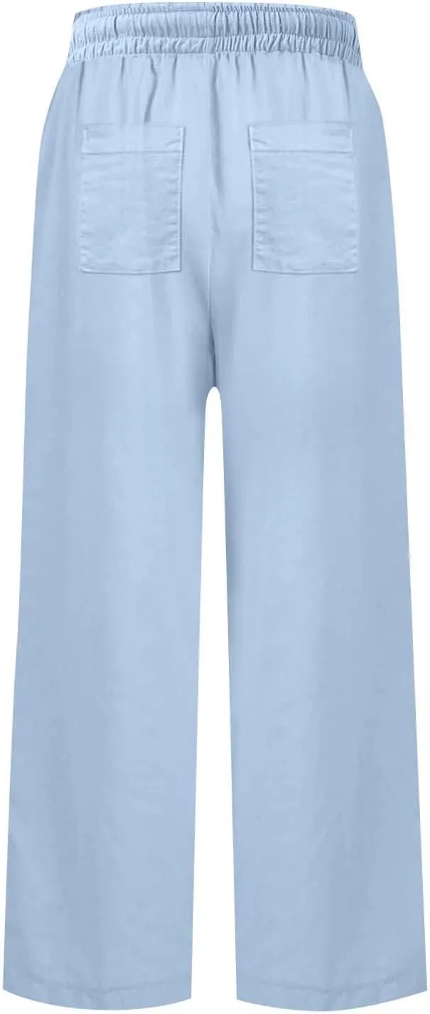 Cropped Linen Pants Women Summer Casual Drawstring Elastic High Waisted Business Casual Pants Wide Leg Work Tousers