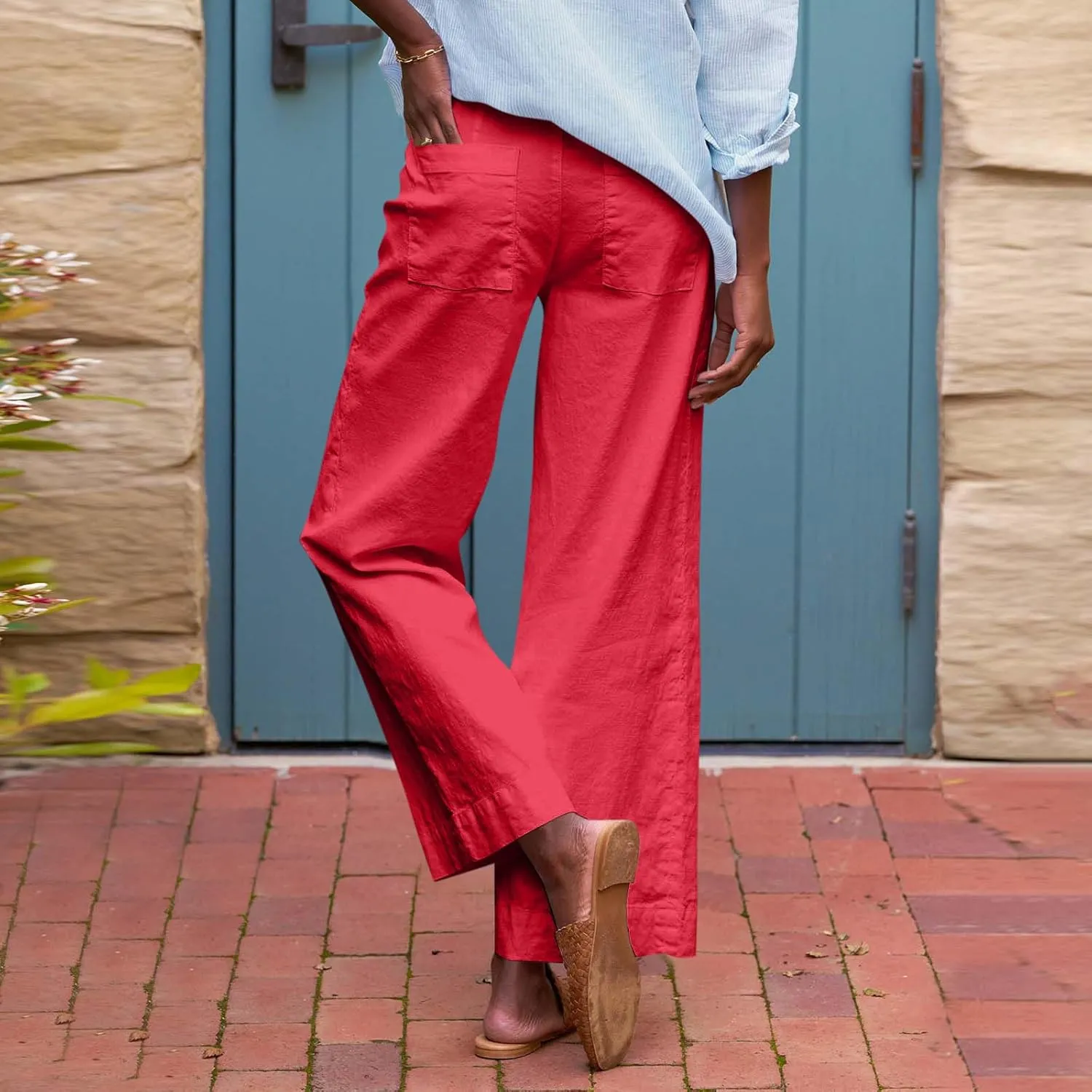 Cropped Linen Pants Women Summer Casual Drawstring Elastic High Waisted Business Casual Pants Wide Leg Work Tousers