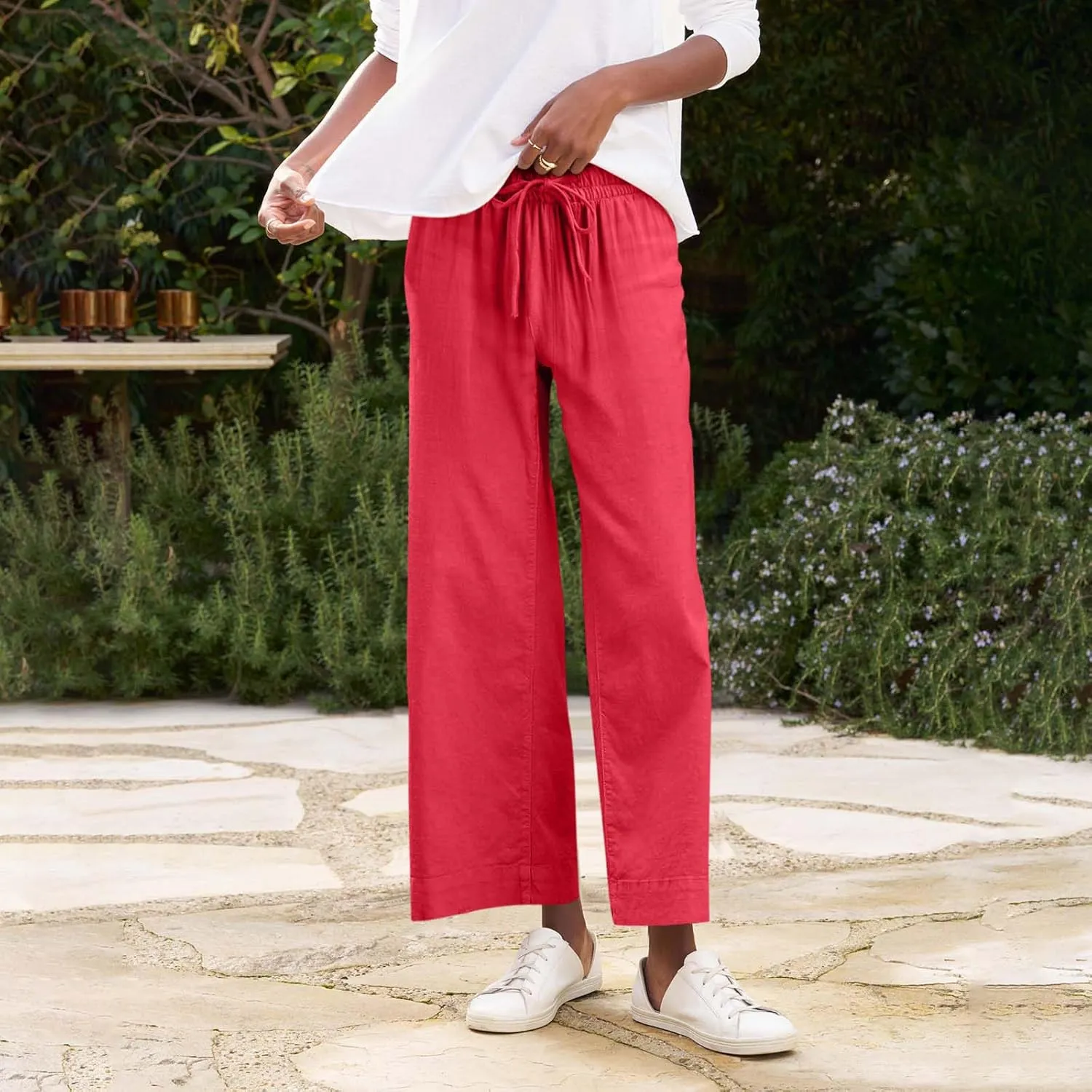 Cropped Linen Pants Women Summer Casual Drawstring Elastic High Waisted Business Casual Pants Wide Leg Work Tousers
