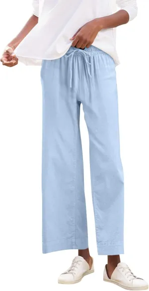 Cropped Linen Pants Women Summer Casual Drawstring Elastic High Waisted Business Casual Pants Wide Leg Work Tousers