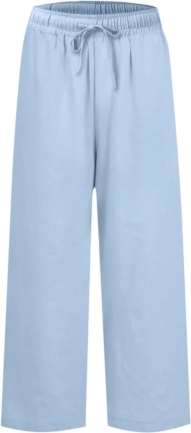 Cropped Linen Pants Women Summer Casual Drawstring Elastic High Waisted Business Casual Pants Wide Leg Work Tousers