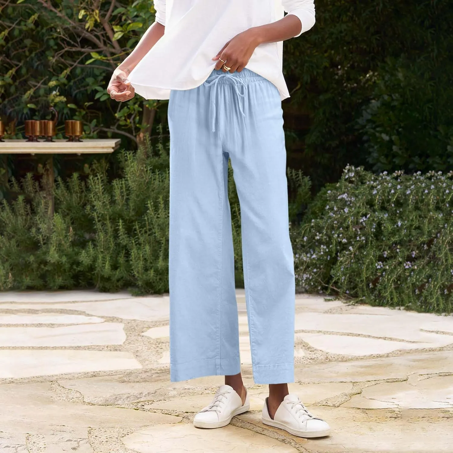 Cropped Linen Pants Women Summer Casual Drawstring Elastic High Waisted Business Casual Pants Wide Leg Work Tousers