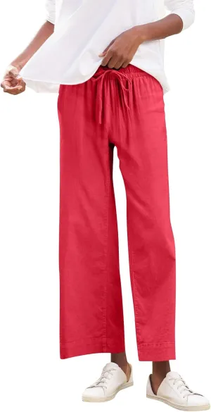 Cropped Linen Pants Women Summer Casual Drawstring Elastic High Waisted Business Casual Pants Wide Leg Work Tousers